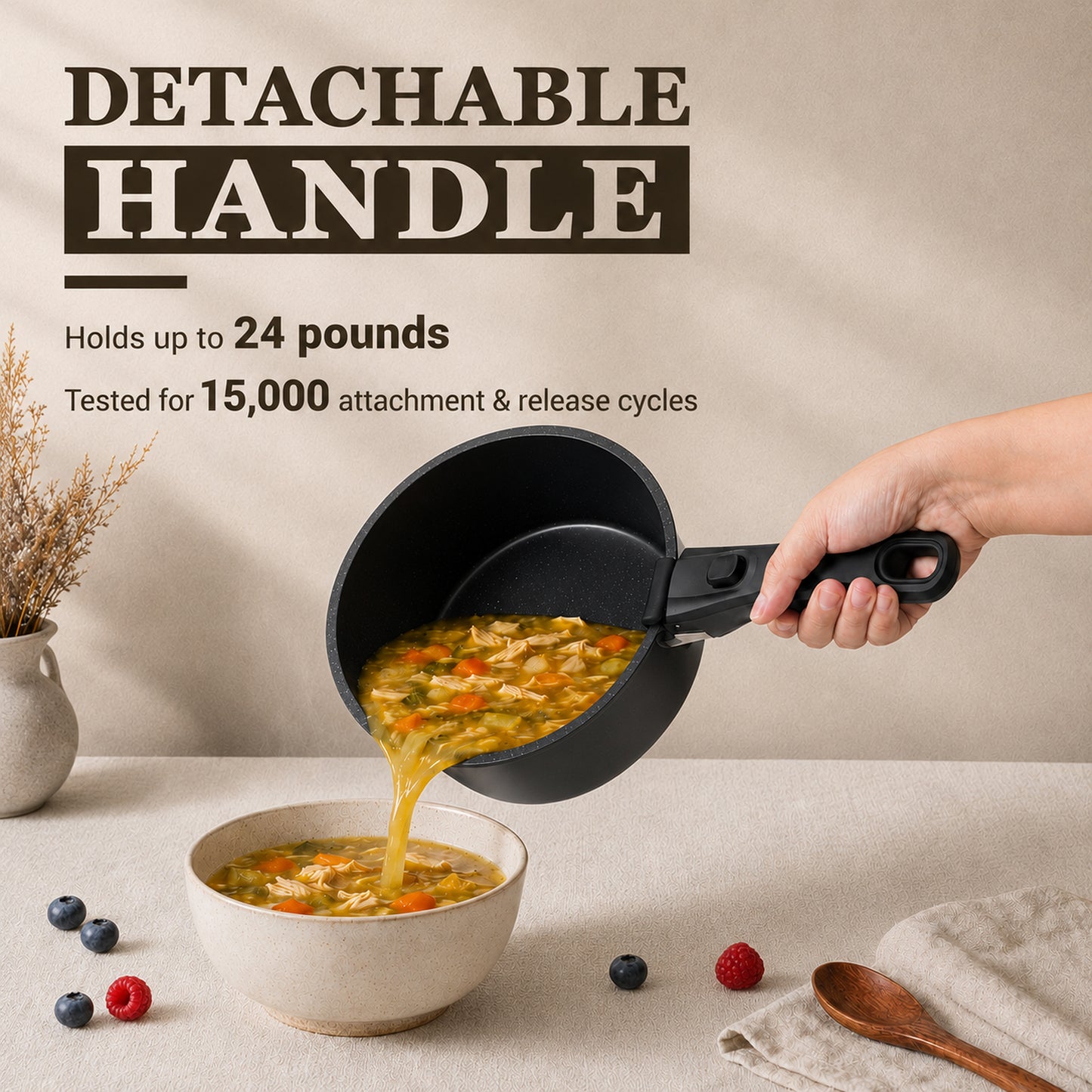KIKCOIN 24-Piece Nonstick Pots and Pans Set, Cookware with Removable Handle Complete Cooking Set; Induction Ready, Stackable, Dishwasher & Oven Safe to 480°F, PFAS-Free; Includes Frying Pans, Egg Pan