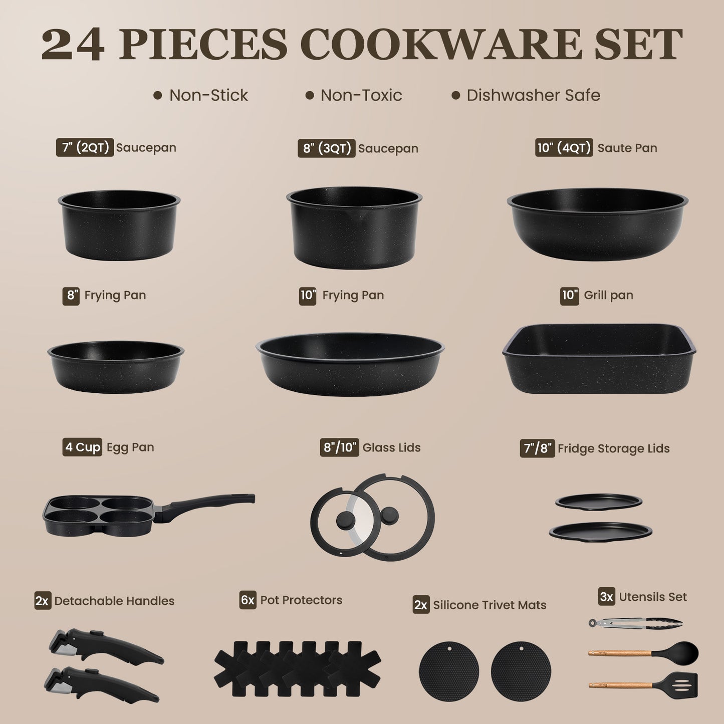 KIKCOIN 24-Piece Nonstick Pots and Pans Set, Cookware with Removable Handle Complete Cooking Set; Induction Ready, Stackable, Dishwasher & Oven Safe to 480°F, PFAS-Free; Includes Frying Pans, Egg Pan