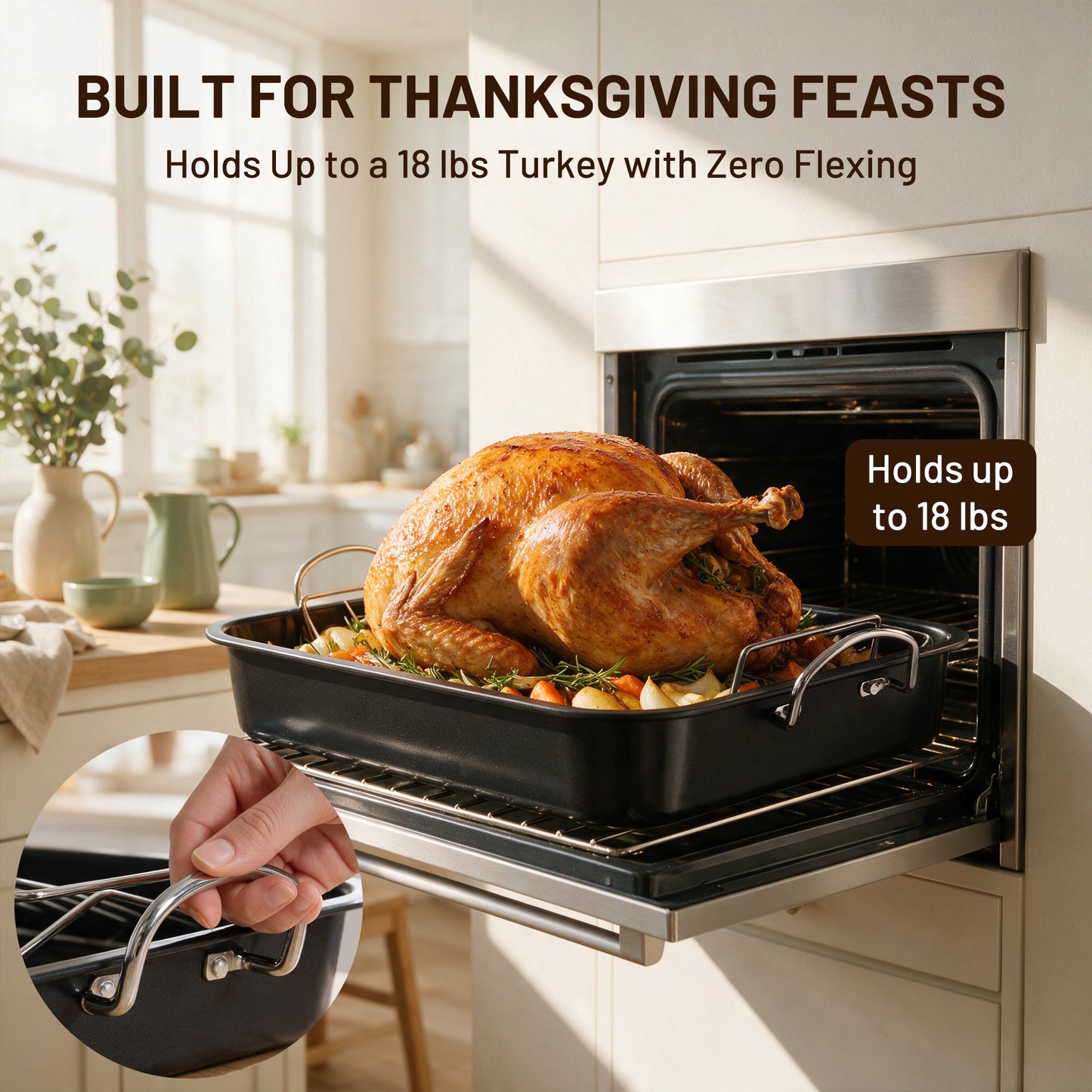 Kikcoin 3-Piece Turkey Roasting Pan Set with Racks, 15.75"x12" Nonstick Heavy Duty Baking Pan, Turkey Roaster with Handles, Black