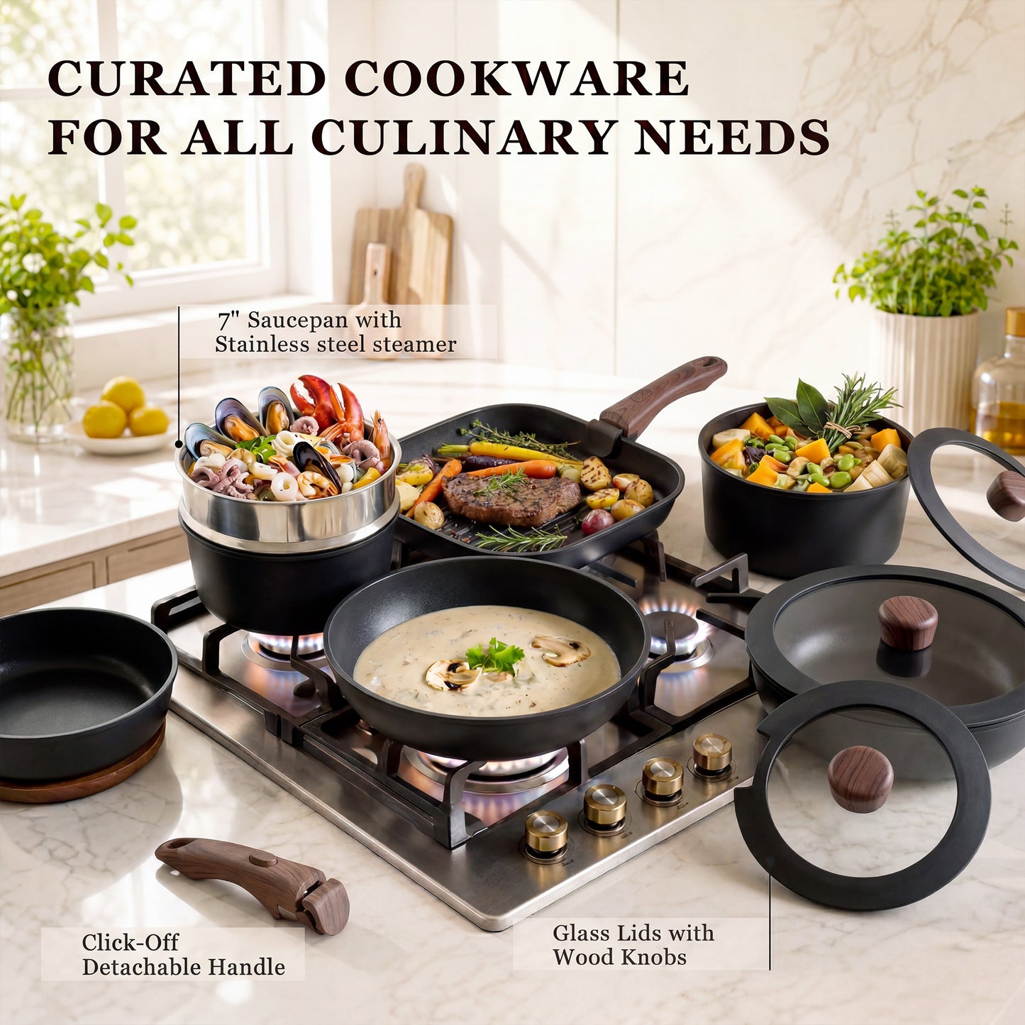 Kikcoin Pots and Pans Set, 24-Piece Ceramic Cookware Set with Detachable Handle, Stackable Pots Set for Kitchen, Induction and Dishwasher Safe, Black
