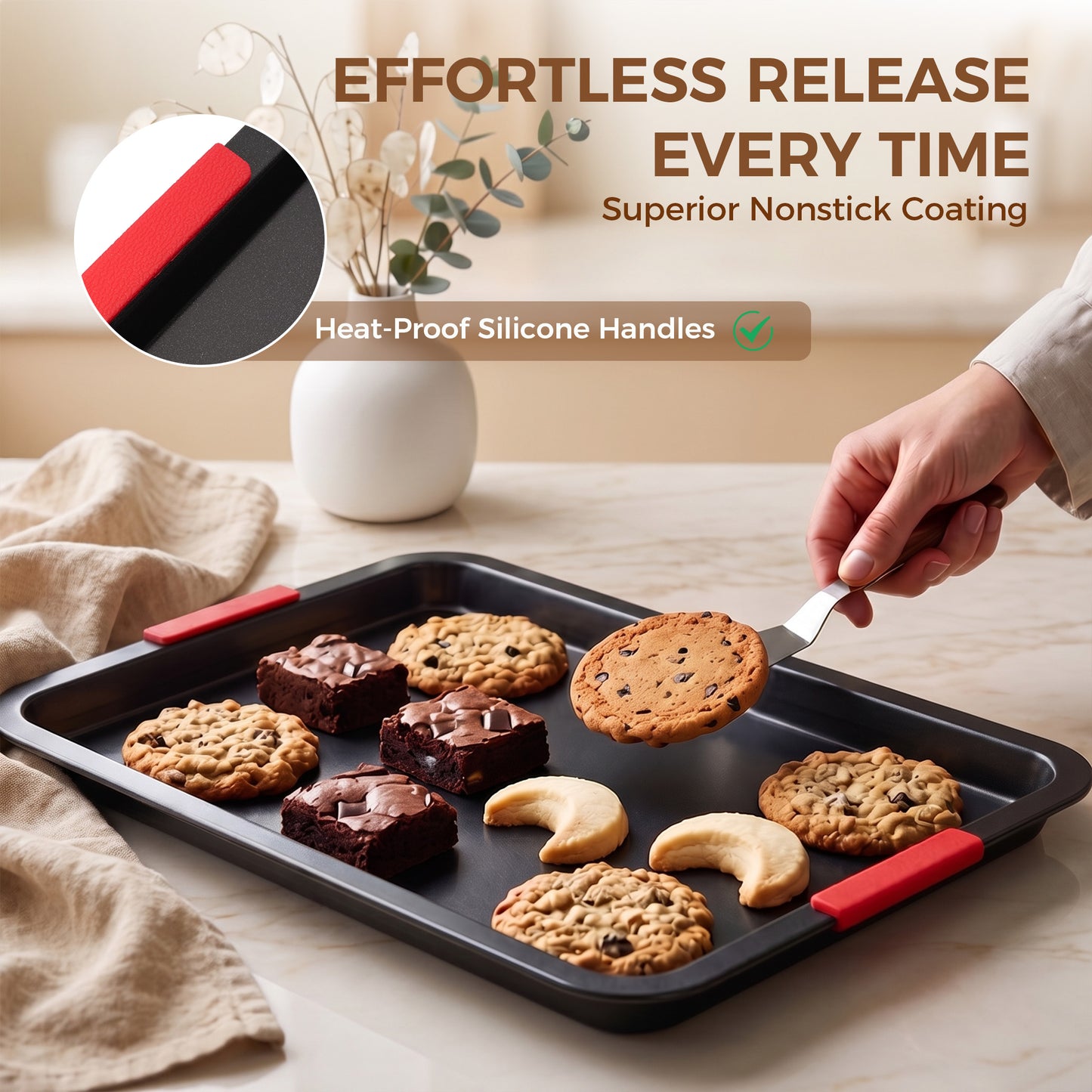 Kikcoin Cookie Sheet Pan, 4-Piece Non-stick Cupcake Pan Set with Cooling Rack, Carbon Steel Baking Set with Silicone Handles, Black