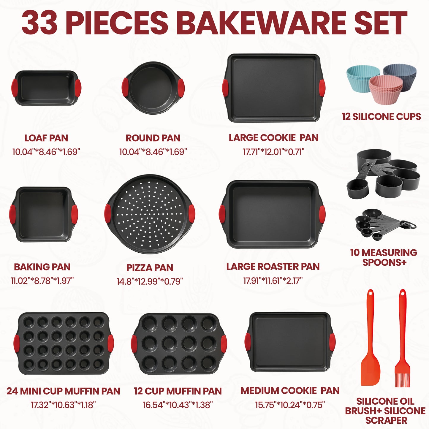 Kikcoin Bakeware Set, 33-Piece Baking Pans Set, Nonstick Baking Sheet Pans for Kitchen with Silicone Handles, Nonstick Cookie Sheets, Loaf Pan, Gray