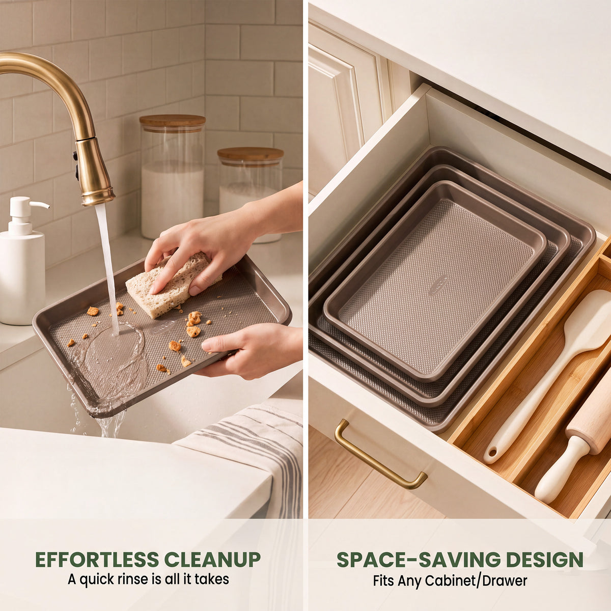 Kikcoin 3-Piece Nonstick Baking Sheets, Carbon Steel Cookie Sheet Set with Textured Surface, Heavy Duty Baking Pans for Oven, Champagne Gold
