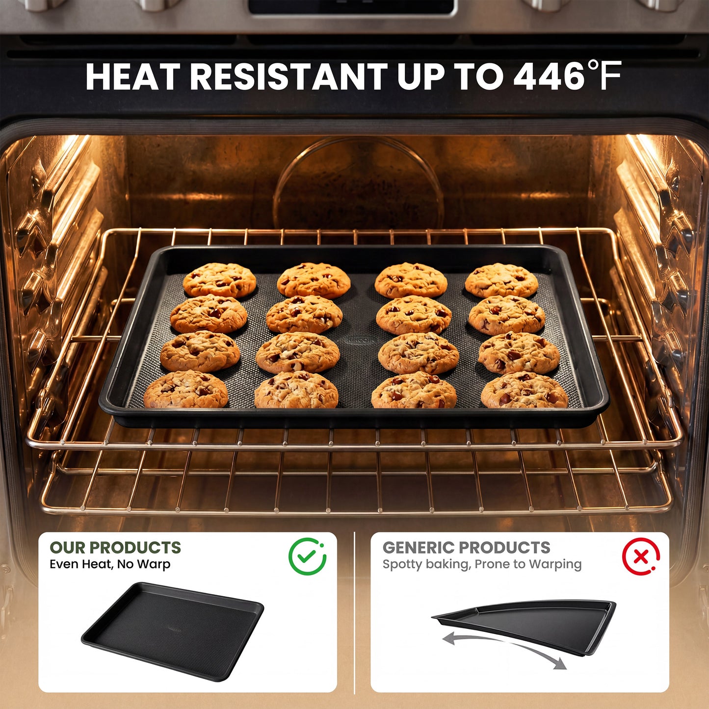 Kikcoin 3-Piece Nonstick Baking Sheets, Carbon Steel Cookie Sheet Set with Diamond Texture, Heavy Duty Baking Pans for Oven, Black