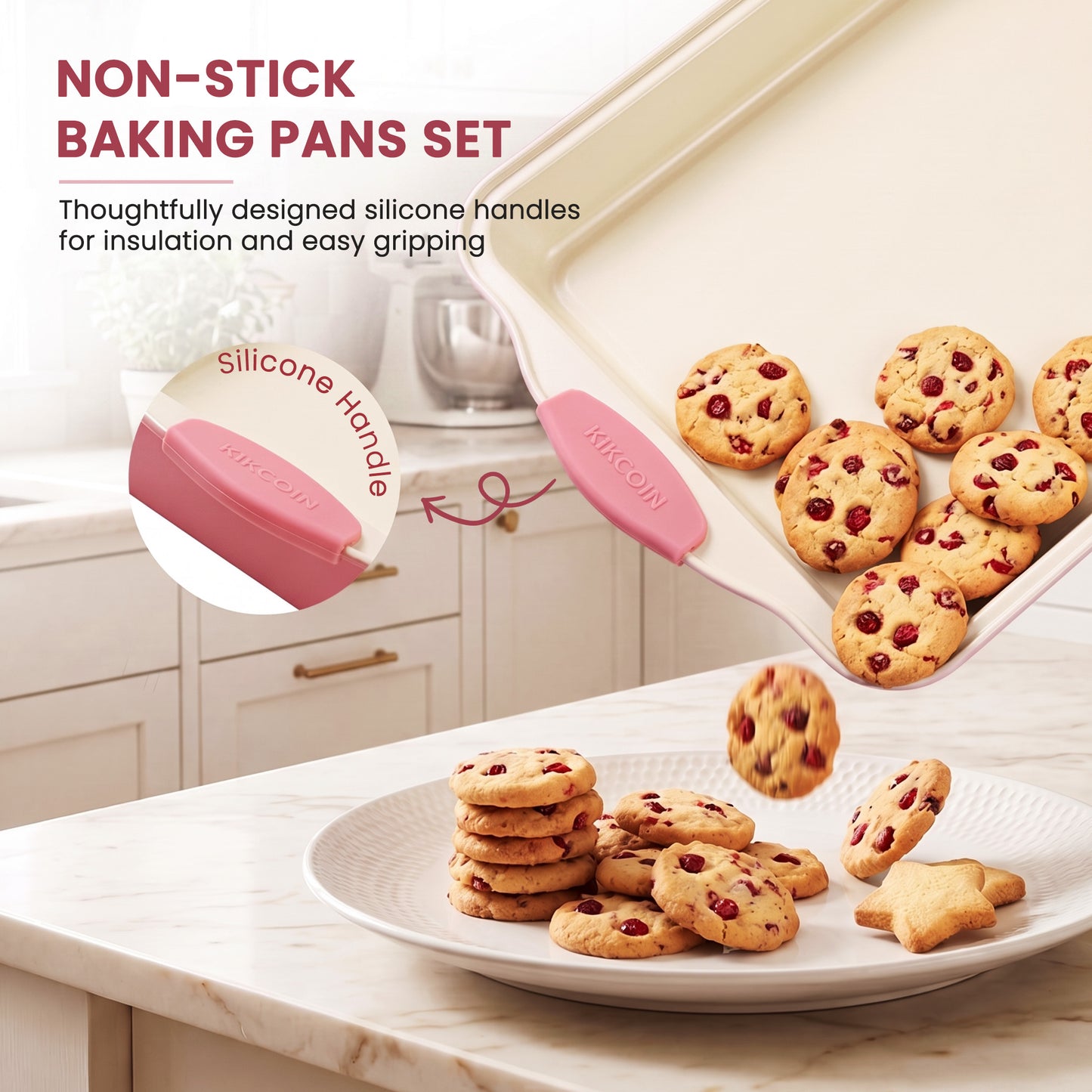 Kikcoin Bakeware Set, 23-Piece Baking Pans Set Kitchen Carbon Steel Baking Sheet Pans with Silicone Handles, Cookie Sheets Nonstick(Pink)