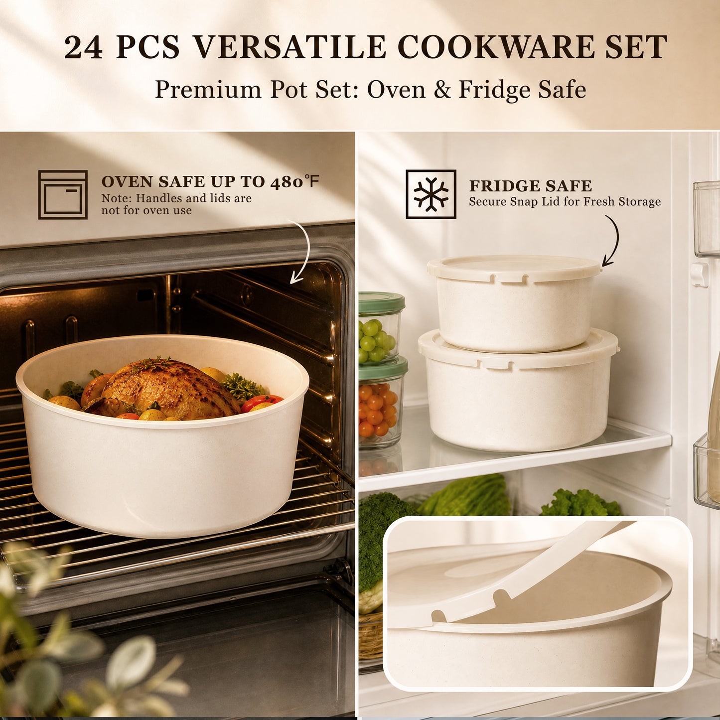 Kikcoin Pots and Pans Set, 24-Piece Ceramic Cookware Set with Detachable Handle, Stackable Pots Set for Kitchen, Induction and Dishwasher Safe, Beige