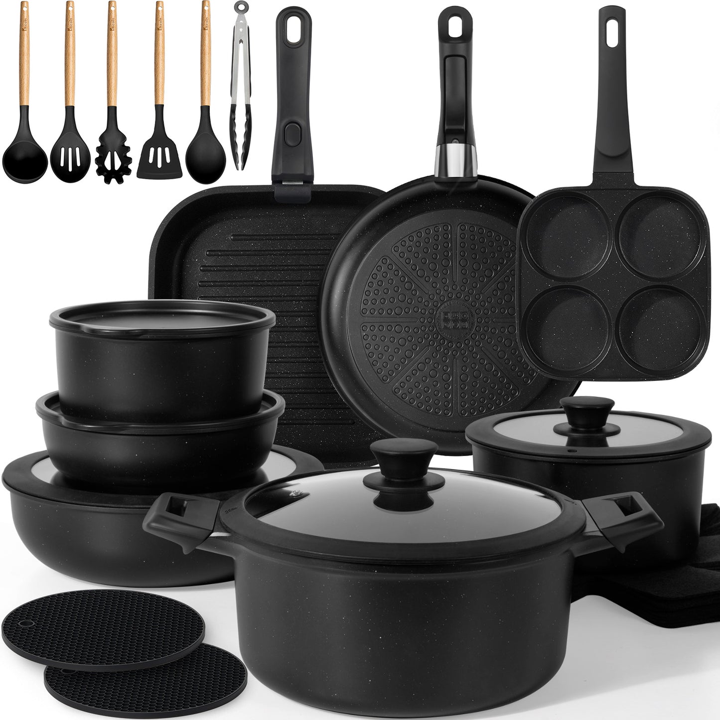 KIKCOIN Pots and Pans Set, 30 Pack Nonstick Cookware Set Detachable Handle, Induction RV Kitchen Cooking Set with Removable Handle, Frying Pans, Casserole - Dishwasher/Oven Safe, PFOA Free