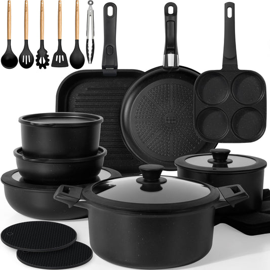 KIKCOIN Pots and Pans Set, 30 Pack Nonstick Cookware Set Detachable Handle, Induction RV Kitchen Cooking Set with Removable Handle, Frying Pans, Casserole - Dishwasher/Oven Safe, PFOA Free