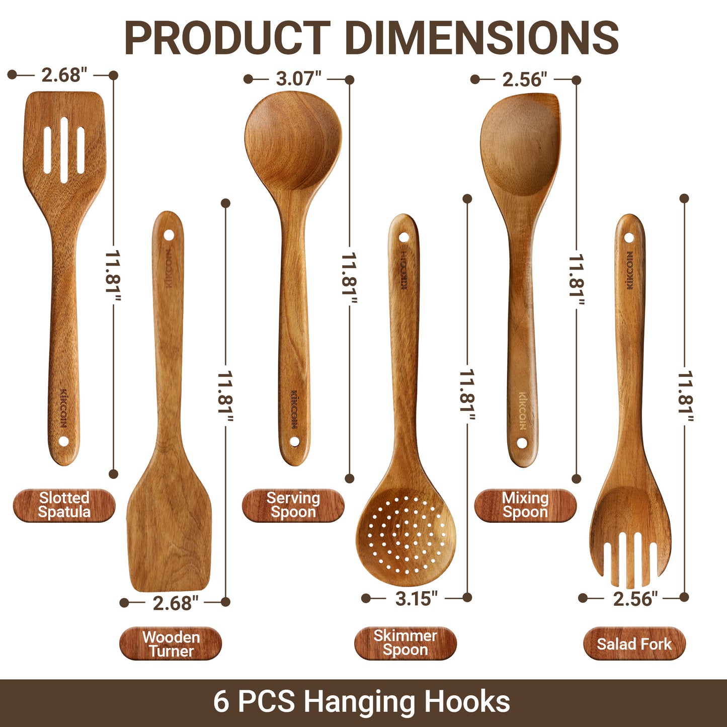 Kikcoin Wooden Cooking Utensil Set, 12 Pcs Acacia Wood Spoons for Cooking, Kitchen Utensils Set for Nonstick Pots, 6 Hooks Included, Heat Resistant