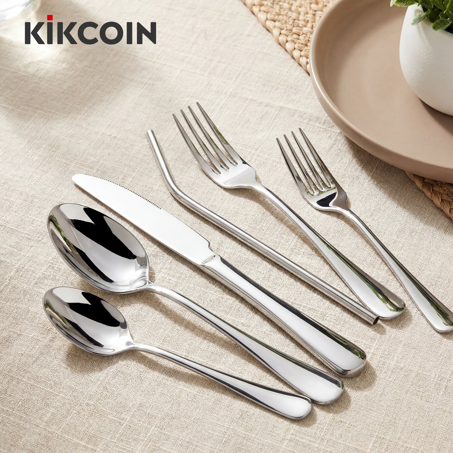 Kikcoin Silverware Set for 6, 37 Pcs Stainless Steel Flatware Set, Mirror Polished Tableware Cutlery for Home, Restaurant, Dishwasher Safe