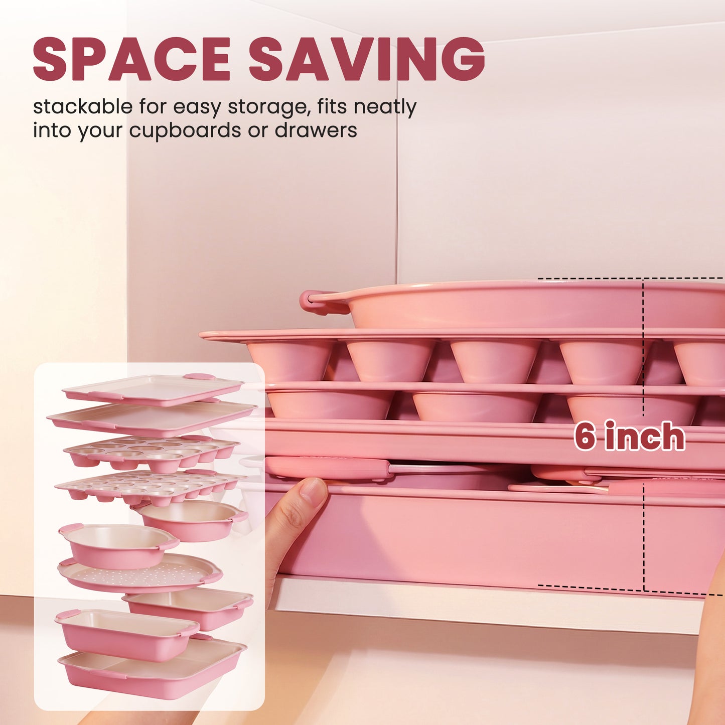 Kikcoin Bakeware Set, 23-Piece Baking Pans Set Kitchen Carbon Steel Baking Sheet Pans with Silicone Handles, Cookie Sheets Nonstick(Pink)