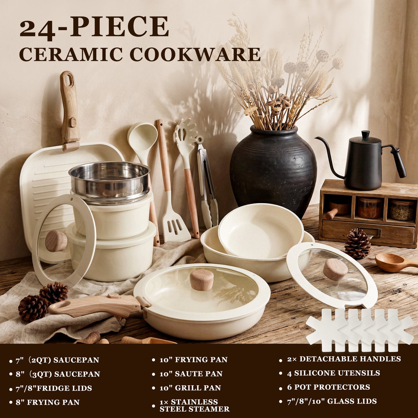 Kikcoin Pots and Pans Set, 24-Piece Ceramic Cookware Set with Detachable Handle, Stackable Pots Set for Kitchen, Induction and Dishwasher Safe, Beige