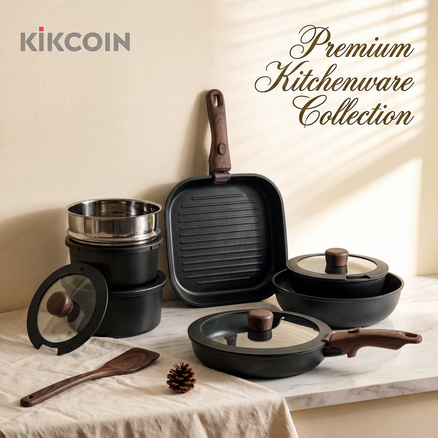 Kikcoin Pots and Pans Set, 24-Piece Ceramic Cookware Set with Detachable Handle, Stackable Pots Set for Kitchen, Induction and Dishwasher Safe, Black