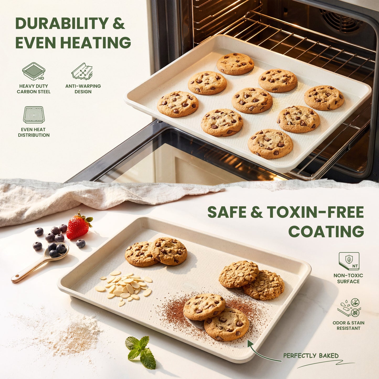 Kikcoin 3-Piece Nonstick Baking Sheets, Carbon Steel Cookie Sheet Set with Diamond Texture, Heavy Duty Baking Pans for Oven, Beige