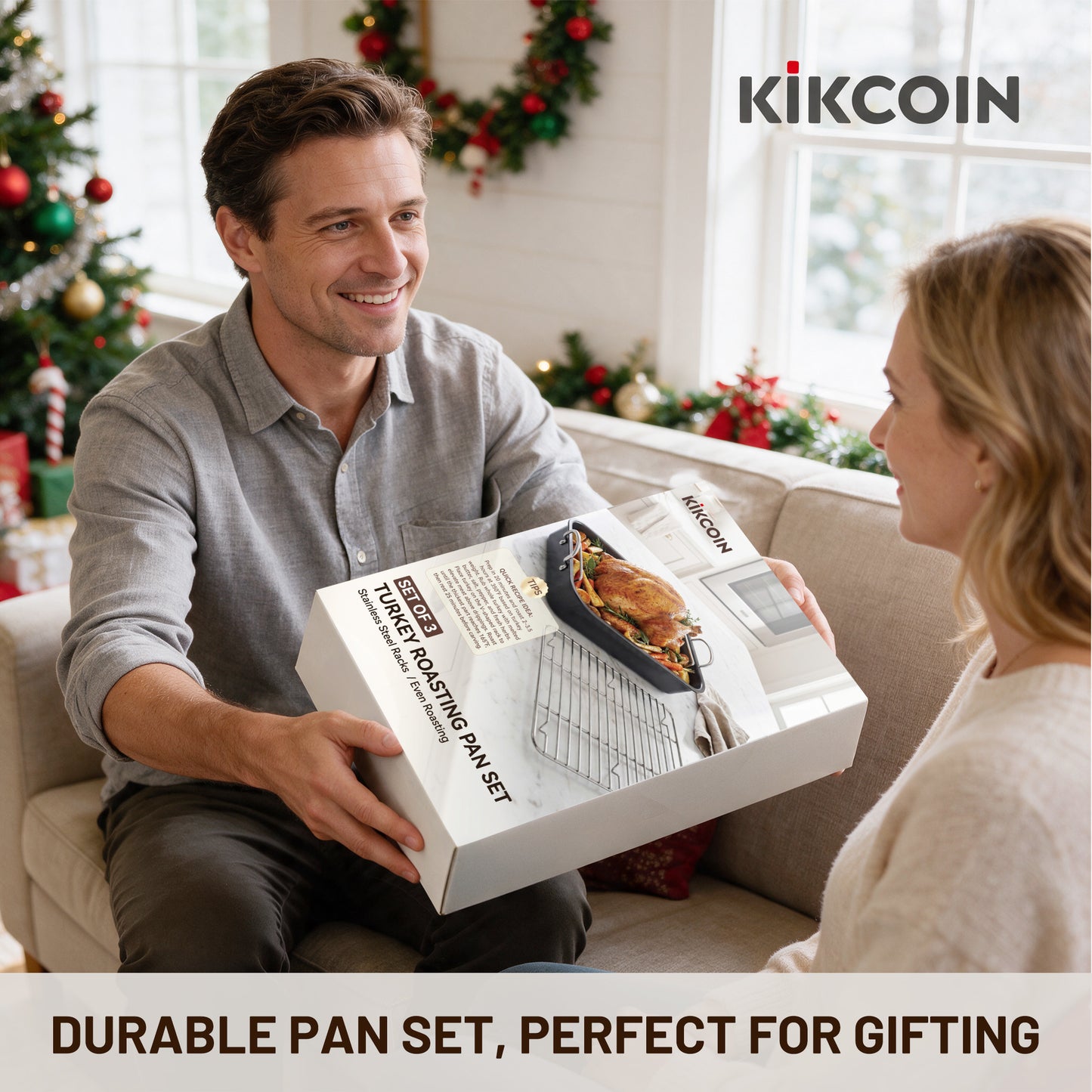 Kikcoin 3-Piece Turkey Roasting Pan Set with Racks, 15.75"x12" Nonstick Heavy Duty Baking Pan, Turkey Roaster with Handles, Black