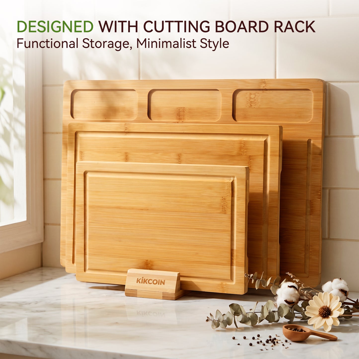 Kikcoin Cutting Board, 4-Piece Bamboo Wood Chopping Boards with Rack, Wooden Charcuterie Board for Kitchen