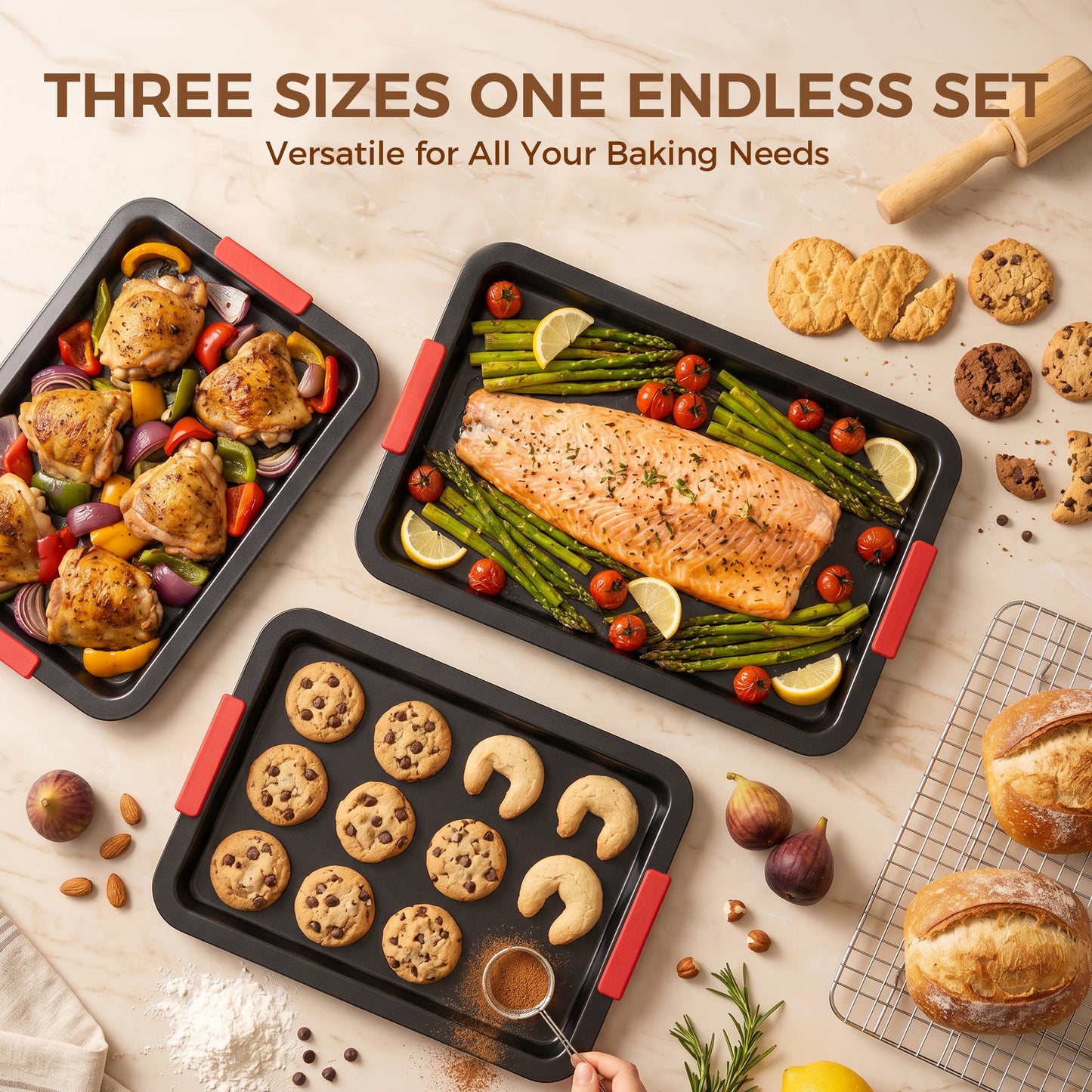 Kikcoin Cookie Sheet Pan, 4-Piece Non-stick Cupcake Pan Set with Cooling Rack, Carbon Steel Baking Set with Silicone Handles, Black