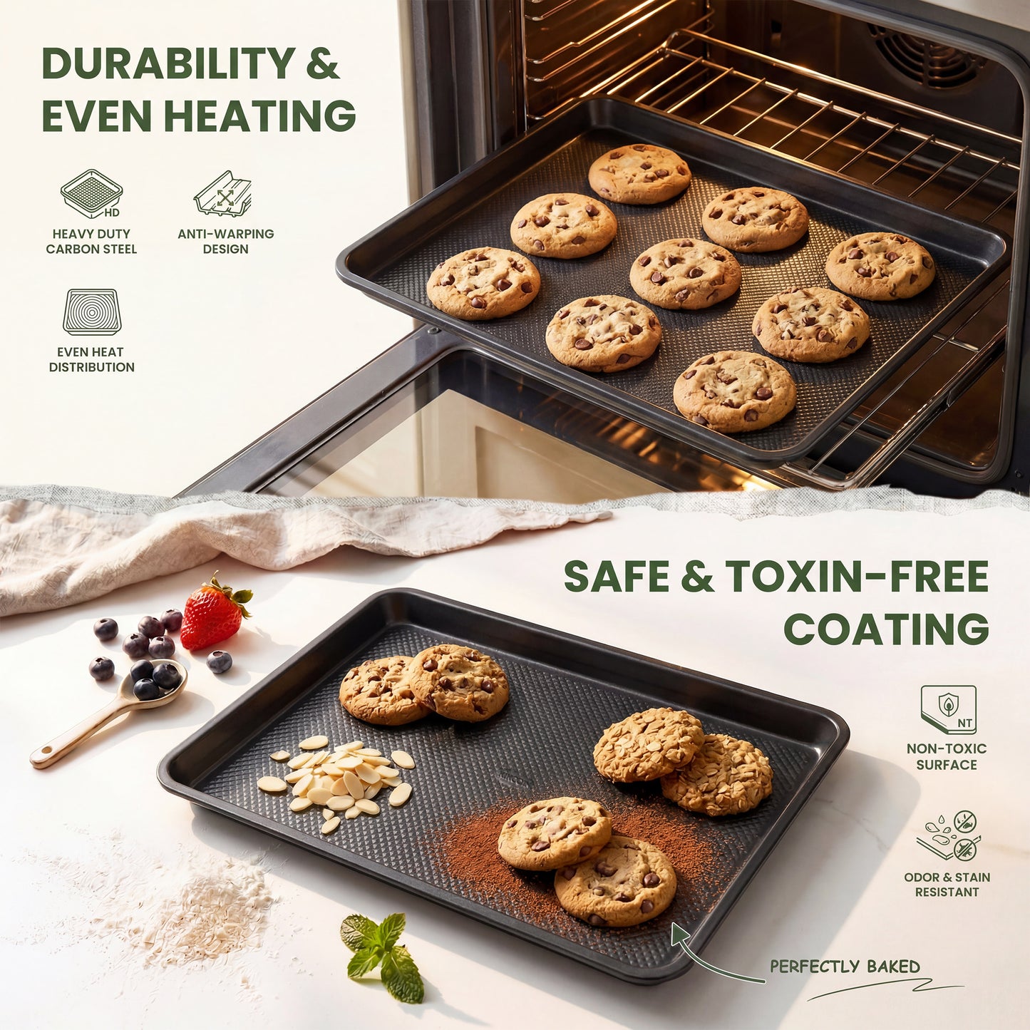 Kikcoin 3-Piece Nonstick Baking Sheets, Carbon Steel Cookie Sheet Set with Diamond Texture, Heavy Duty Baking Pans for Oven, Black