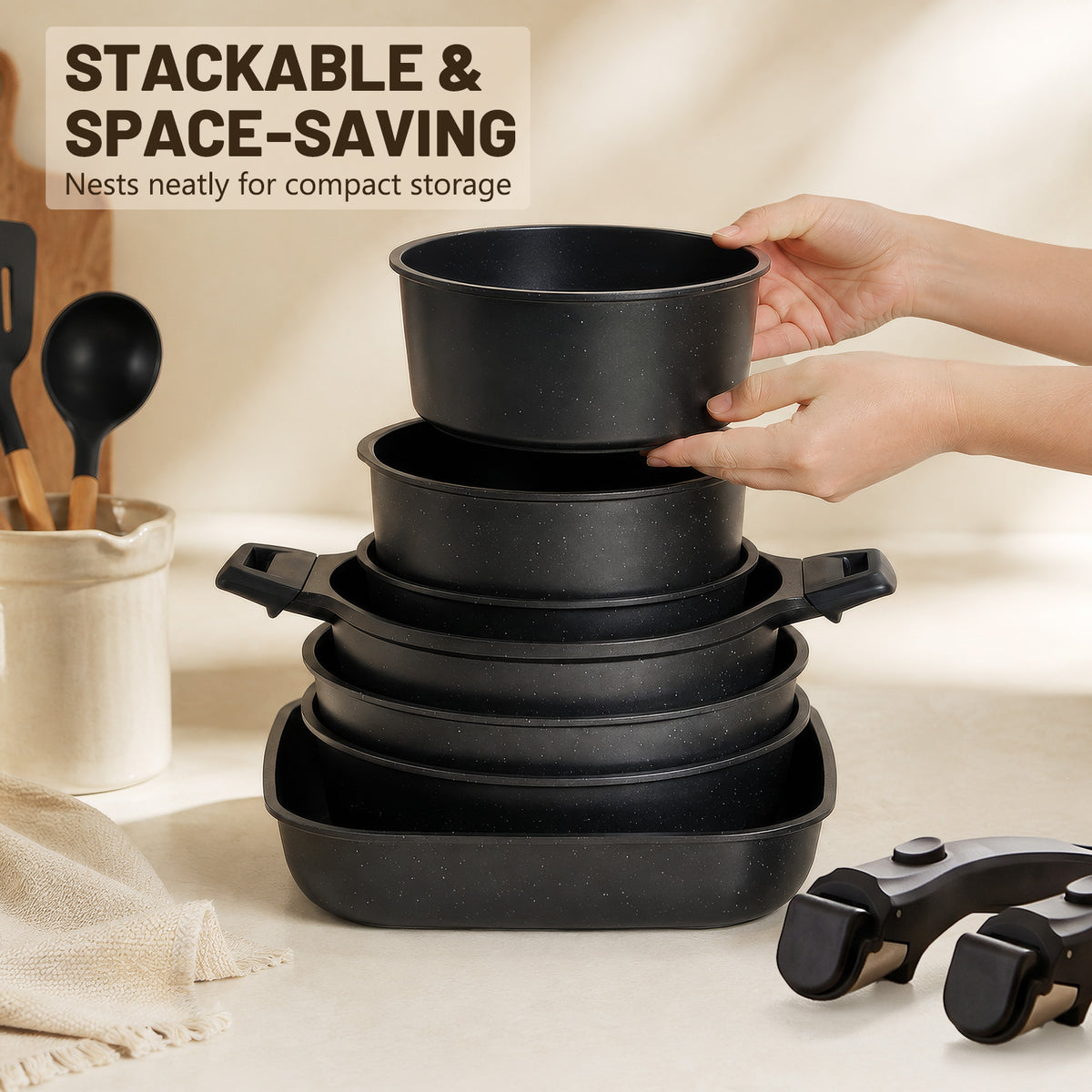 KIKCOIN 30-Piece Nonstick Pots and Pans Set, Cookware with Removable Handle Complete Cooking Set; Induction Ready, Stackable, Dishwasher & Oven Safe to 480°F, PFAS-Free; Includes Frying Pans, Stock Pot