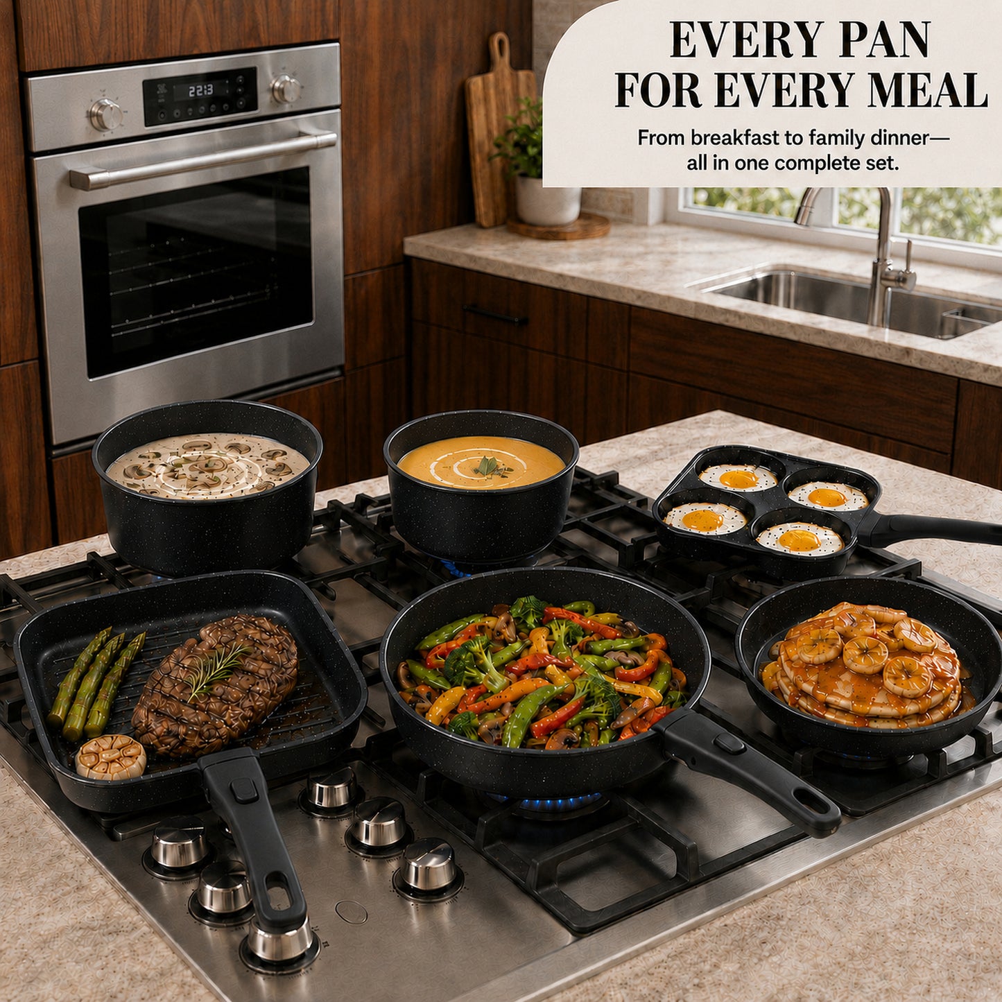 KIKCOIN 24-Piece Nonstick Pots and Pans Set, Cookware with Removable Handle Complete Cooking Set; Induction Ready, Stackable, Dishwasher & Oven Safe to 480°F, PFAS-Free; Includes Frying Pans, Egg Pan